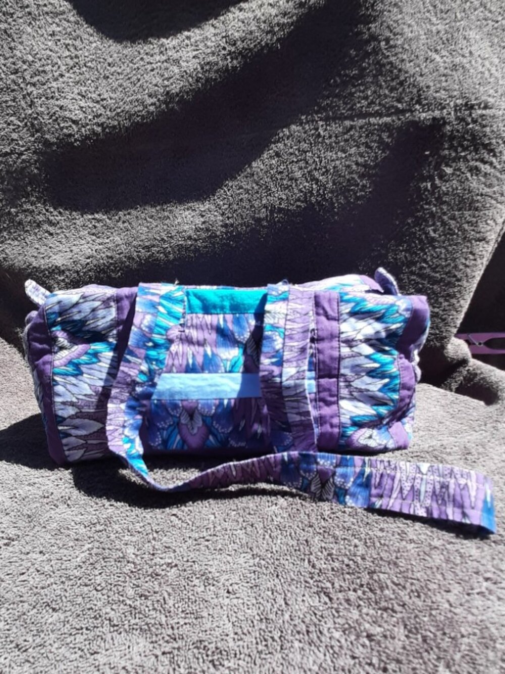 Makeup Bag Case Handmade Fabric Quilted Purple & Blue 11" x 5.5" x 6"